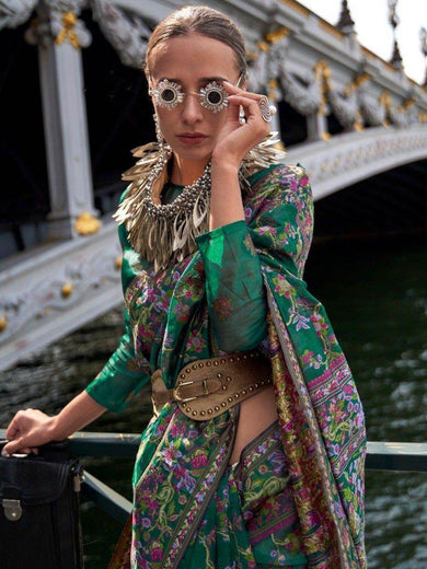 Outstanding Green Floral Weaving Organza Traditional Saree With Blouse
